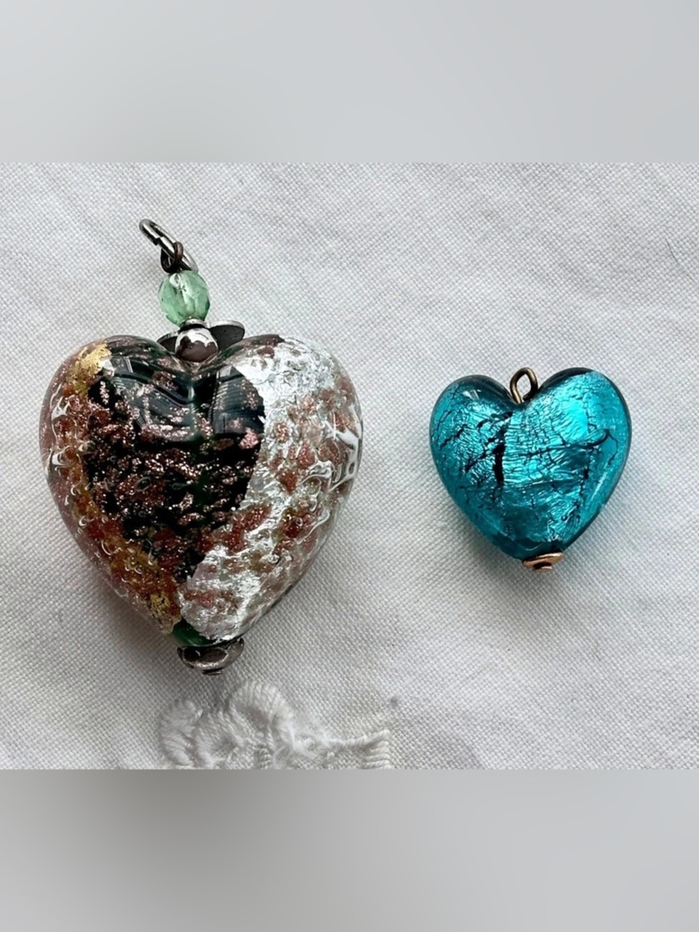 Vintage Murano Venetian Lampwork Glass Puffed Heart Pendants - Lot of 2